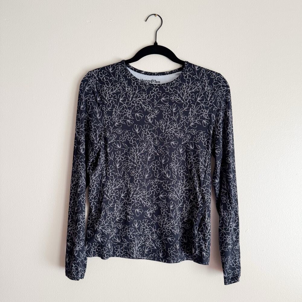 Hang Ten Black + White Hibiscus Floral Print Long Sleeve UPF Rashguard - Small